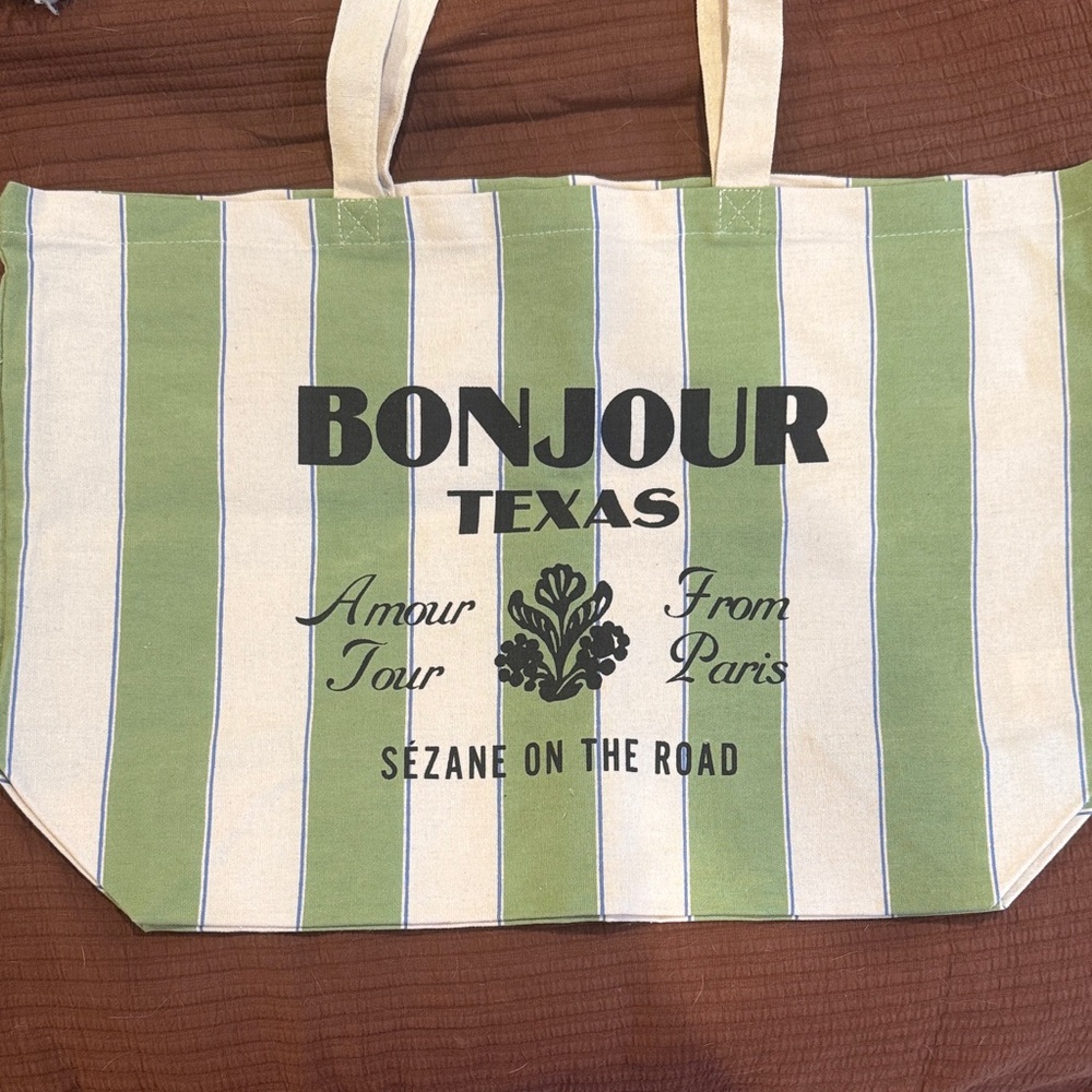 Sezane Green and Cream Striped Tote
